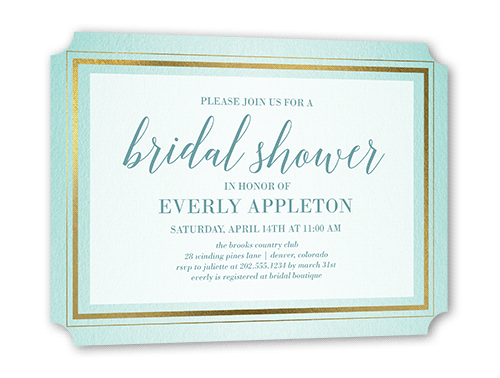 Gracefully Simple Bridal Shower Invitation, Gold Foil, Blue, 5x7, Pearl Shimmer Cardstock, Ticket