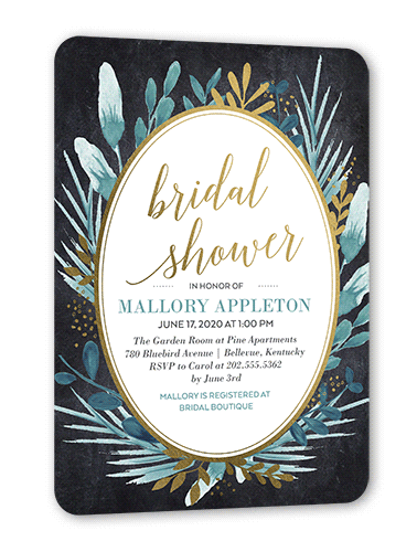 Bountiful Greenery Bridal Shower Invitation, Gold Foil, Black, 5x7 Flat, Pearl Shimmer Cardstock, Rounded, Black
