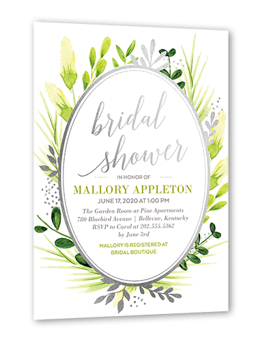 Bountiful Greenery Bridal Shower Invitation, Silver Foil, White, 5x7 Flat, Pearl Shimmer Cardstock, Square, White