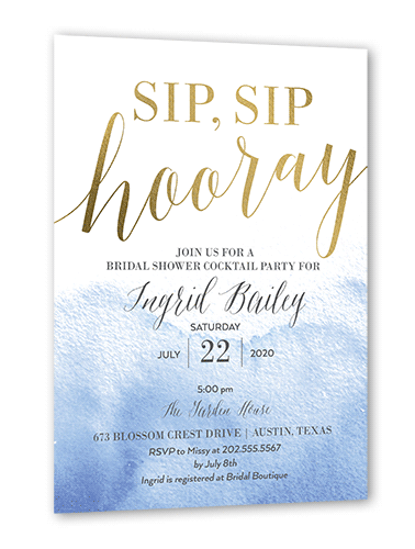 Gleaming Hooray Bridal Shower Invitation, Blue, Gold Foil, 5x7 Flat, Pearl Shimmer Cardstock, Square, Pool