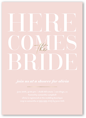 With The Bride Bridal Shower Invitation, Pink, 5x7 Flat, Luxe Double-Thick Cardstock, Square