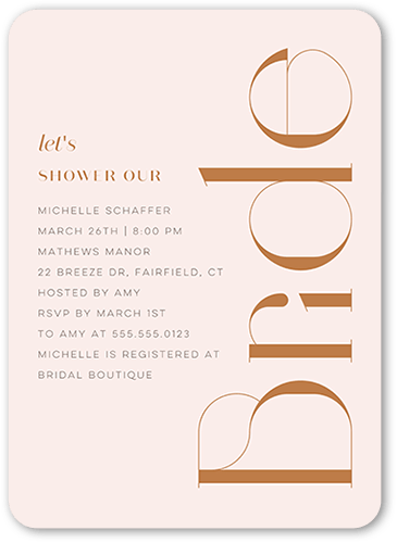 Deco Type Bridal Shower Invitation, Pink, 5x7 Flat, Pearl Shimmer Cardstock, Rounded, Chenille