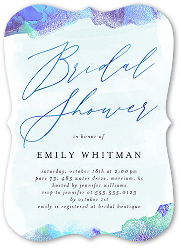 Watercolors And Showers Bridal Shower Invitation, Blue, 5x7 Flat, Pearl Shimmer Cardstock, Bracket, White