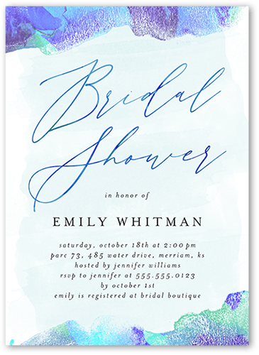 Watercolors And Showers Bridal Shower Invitation, Blue, 5x7 Flat, Pearl Shimmer Cardstock, Square