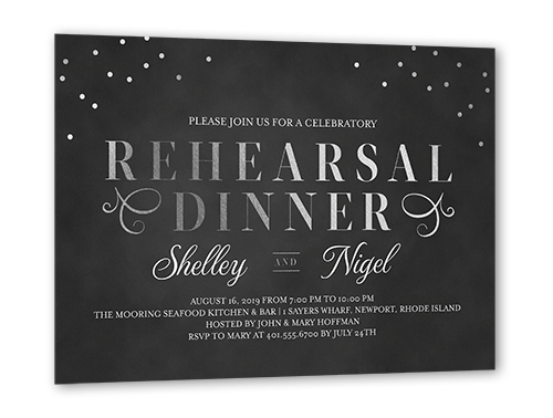 Dazzling Script Confetti Rehearsal Dinner Invitation, Grey, Silver Foil, 5x7 Flat, Pearl Shimmer Cardstock, Square