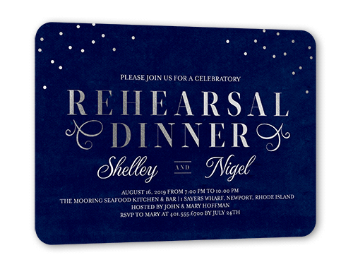 Dazzling Script Confetti Rehearsal Dinner Invitation, Blue, Silver Foil, 5x7 Flat, Pearl Shimmer Cardstock, Rounded