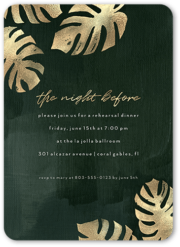 Dark Tropical Rehearsal Dinner Invitation, Green, 5x7 Flat, 100% Recycled Cardstock , Rounded, Pine