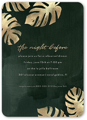 Dark Tropical Rehearsal Dinner Invitation, Green, 5x7 Flat, Pearl Shimmer Cardstock, Rounded