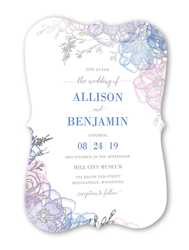 Floral Fringe Wedding Invitation, Silver Foil, Blue, 5x7, Signature Smooth Cardstock, Bracket