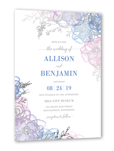 Floral Fringe Wedding Invitation, Silver Foil, Blue, 5x7 Flat, Luxe Double-Thick Cardstock, Square
