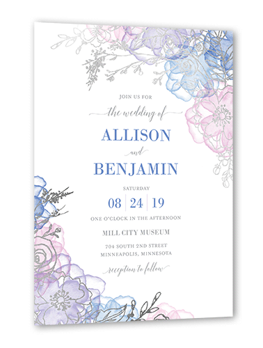 Floral Fringe Wedding Invitation, Silver Foil, Blue, 5x7 Flat, Signature Smooth Cardstock, Square