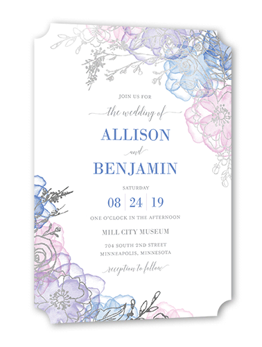 Floral Fringe Wedding Invitation, Silver Foil, Blue, 5x7, Pearl Shimmer Cardstock, Ticket