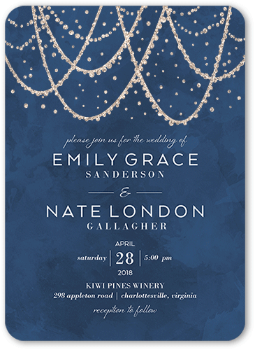 Draping Lights Wedding Invitation, Blue, 5x7, Antique Gold Glitter, Matte, Signature Smooth Cardstock, Rounded