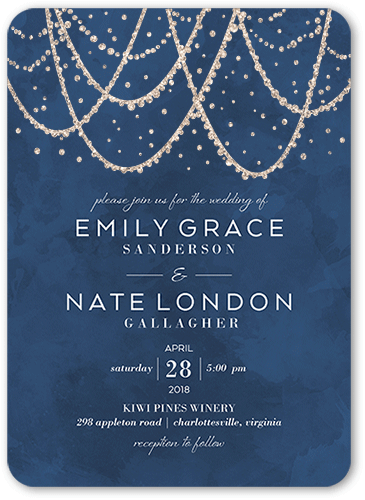 Draping Lights Wedding Invitation, Blue, 5x7 Flat, Antique Gold Glitter, Matte, Signature Smooth Cardstock, Rounded, Navy
