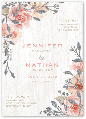 Radiant Foliage Wedding Invitation, Beige, 5x7, Silver Glitter, Matte, Signature Smooth Cardstock, Square