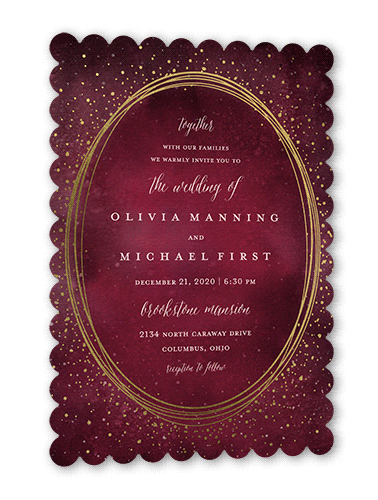 Resplendent Night Wedding Invitation, Purple, Gold Foil, 5x7 Flat, Matte, Signature Smooth Cardstock, Scallop