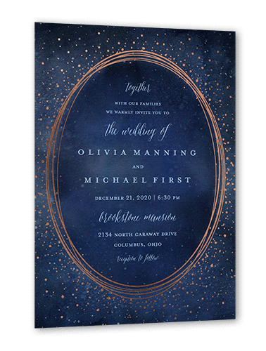 Resplendent Night Wedding Invitation, Rose Gold Foil, Blue, 5x7 Flat, Pearl Shimmer Cardstock, Square, Nautical