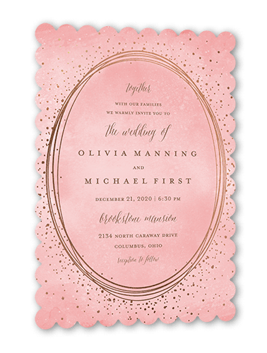 Resplendent Night Wedding Invitation, Rose Gold Foil, Pink, 5x7 Flat, Pearl Shimmer Cardstock, Scallop