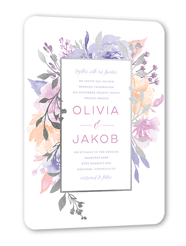 Delicate Blooms Wedding Invitation, Silver Foil, White, 5x7 Flat, Pearl Shimmer Cardstock, Rounded