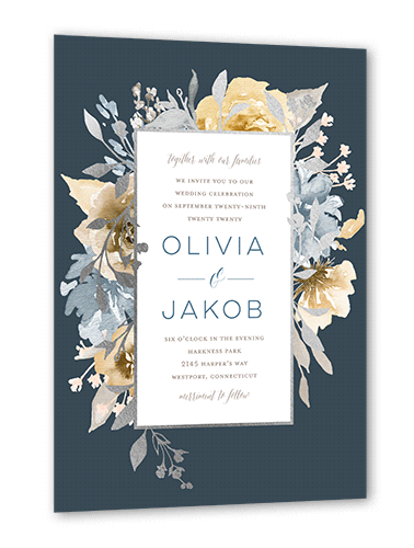 Delicate Blooms Wedding Invitation, Silver Foil, Grey, 5x7, Pearl Shimmer Cardstock, Square