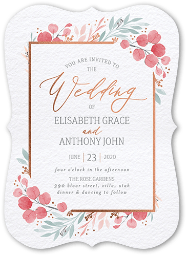 Brushed Botanicals Wedding Invitation, Rose Gold Foil, Pink, 5x7 Flat, Pearl Shimmer Cardstock, Bracket