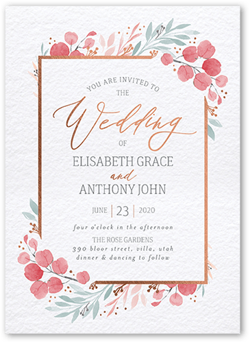 Brushed Botanicals Wedding Invitation, Rose Gold Foil, Pink, 5x7 Flat, Matte, Signature Smooth Cardstock, Square