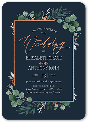 Brushed Botanicals Wedding Invitation, Grey, Rose Gold Foil, 5x7 Flat, Matte, Signature Smooth Cardstock, Rounded, White