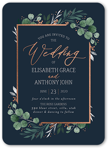 Brushed Botanicals Wedding Invitation, Grey, Rose Gold Foil, 5x7 Flat, Matte, Signature Smooth Cardstock, Rounded