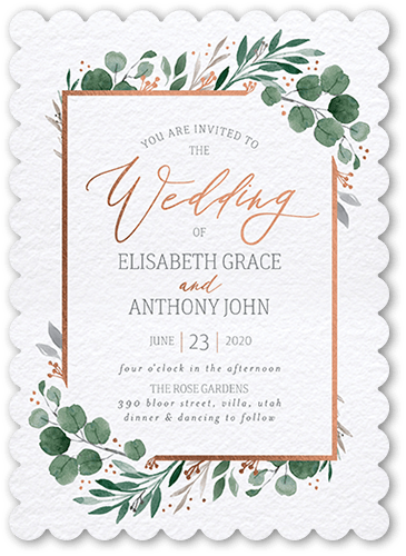 Brushed Botanicals Wedding Invitation, White, Rose Gold Foil, 5x7 Flat, Matte, Signature Smooth Cardstock, Scallop