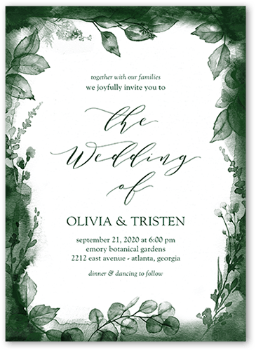 Dusky Botanicals Wedding Invitation, Green, 5x7 Flat, Pearl Shimmer Cardstock, Square
