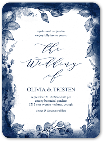 Dusky Botanicals Wedding Invitation, Blue, 5x7 Flat, 100% Recycled Cardstock , Rounded, Midnight