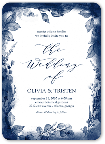 Dusky Botanicals Wedding Invitation, Blue, 5x7 Flat, Pearl Shimmer Cardstock, Rounded