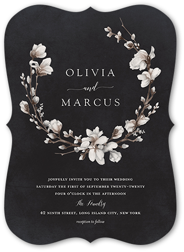 Blossoms of Love Wedding Invitation, Black, 5x7 Flat, Pearl Shimmer Cardstock, Bracket