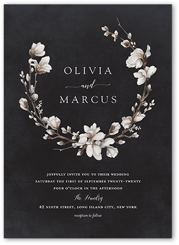 Blossoms of Love Wedding Invitation, Black, 5x7 Flat, Pearl Shimmer Cardstock, Square