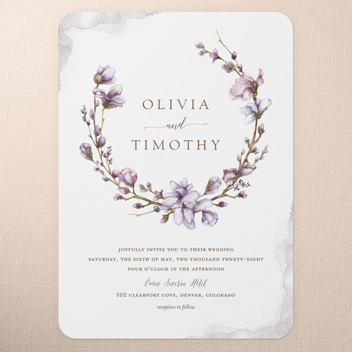 Blossoms of Love Wedding Invitation, Purple, 5x7 Flat, Pearl Shimmer Cardstock, Rounded