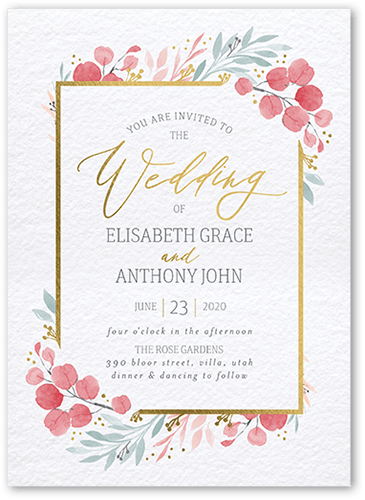 Brushed Botanicals Wedding Invitation, Gold Foil, Pink, 5x7 Flat, Matte, Signature Smooth Cardstock, Square