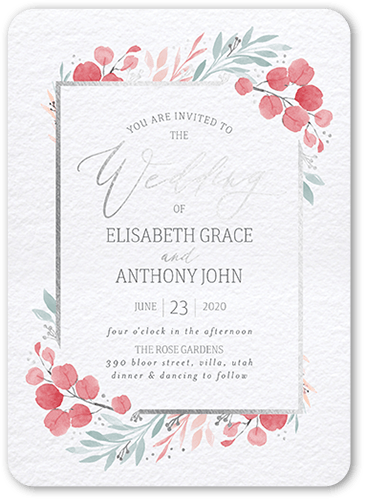 Brushed Botanicals Wedding Invitation, Silver Foil, Pink, 5x7, Pearl Shimmer Cardstock, Rounded