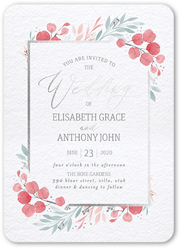 Brushed Botanicals Wedding Invitation, Silver Foil, Pink, 5x7 Flat, Pearl Shimmer Cardstock, Rounded