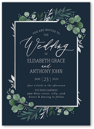 Brushed Botanicals Wedding Invitation, Silver Foil, Grey, 5x7, Luxe Double-Thick Cardstock, Square