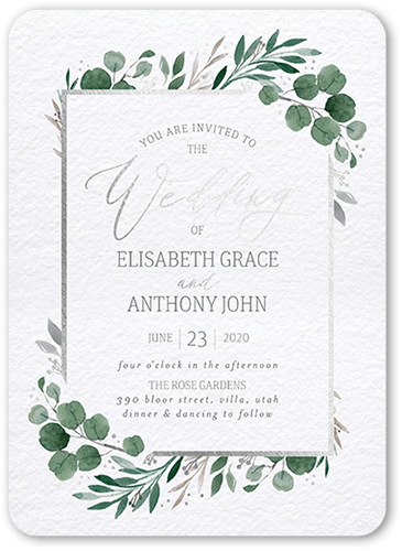 Brushed Botanicals Wedding Invitation, White, Silver Foil, 5x7 Flat, Matte, Signature Smooth Cardstock, Rounded, White