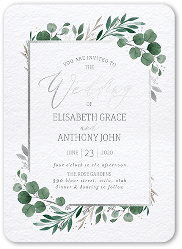 Brushed Botanicals Wedding Invitation, White, Silver Foil, 5x7 Flat, Pearl Shimmer Cardstock, Rounded