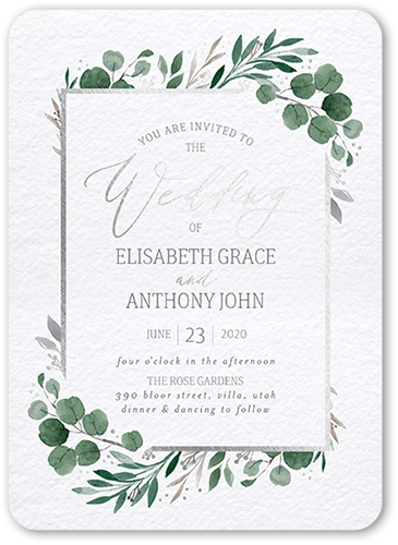 Brushed Botanicals Wedding Invitation, White, Silver Foil, 5x7 Flat, Matte, Signature Smooth Cardstock, Rounded