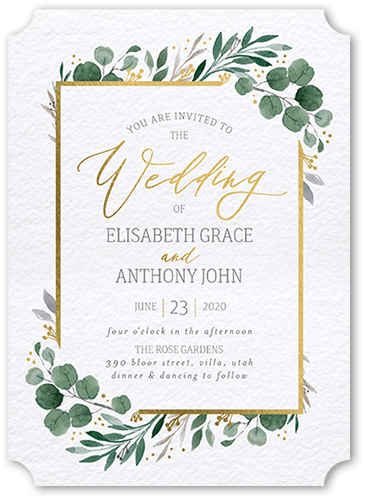 Brushed Botanicals Wedding Invitation, White, Gold Foil, 5x7, Pearl Shimmer Cardstock, Ticket
