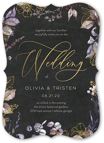 Gleaming Garden Wedding Invitation, Purple, Gold Foil, 5x7 Flat, Pearl Shimmer Cardstock, Bracket