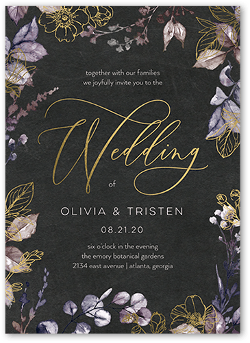 Gleaming Garden Wedding Invitation, Purple, Gold Foil, 5x7 Flat, Luxe Double-Thick Cardstock, Square