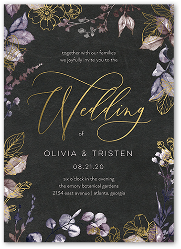 Gleaming Garden Wedding Invitation, Purple, Gold Foil, 5x7 Flat, Pearl Shimmer Cardstock, Square