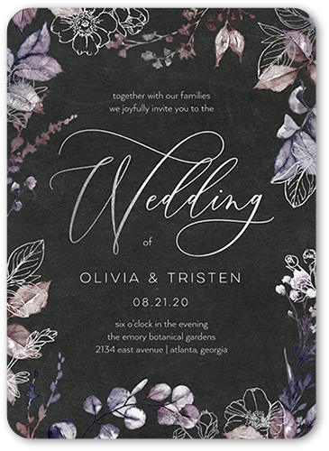 Gleaming Garden Wedding Invitation, Purple, Silver Foil, 5x7, Matte, Signature Smooth Cardstock, Rounded