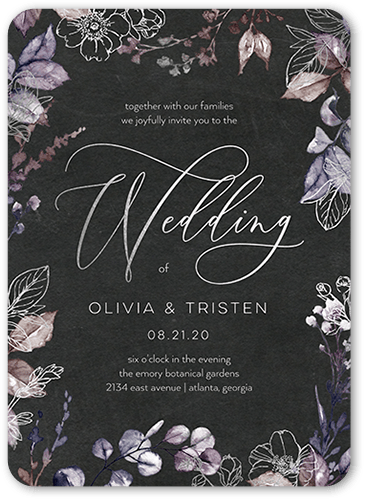 Gleaming Garden Wedding Invitation, Purple, Silver Foil, 5x7 Flat, Pearl Shimmer Cardstock, Rounded, Lilac