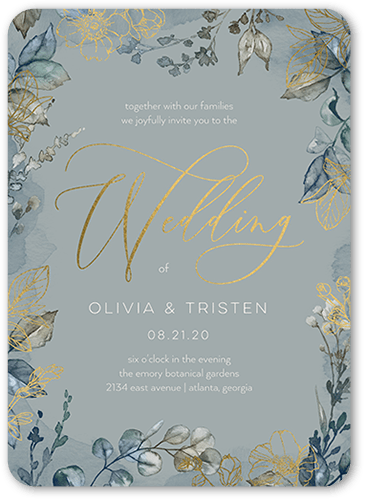 Gleaming Garden Wedding Invitation, Grey, Gold Foil, 5x7 Flat, Pearl Shimmer Cardstock, Rounded