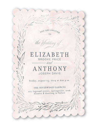 So Lovely Wedding Invitation, Silver Foil, Pink, 5x7, Pearl Shimmer Cardstock, Scallop